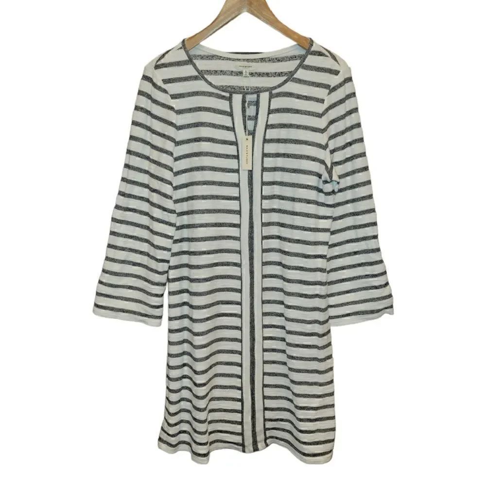 NWT Max Studio 3/4 Sleeve Long Sleeve Stripe Shift Dress XL Natural Black